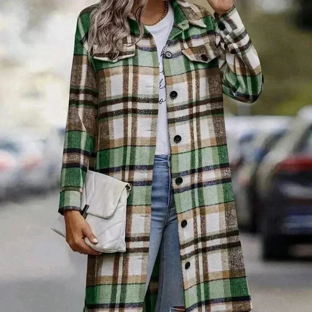 Green Elegant Women's Plaid Long Sleeve Button Up Flannel Shirt Shacket - Picture 3 of 4